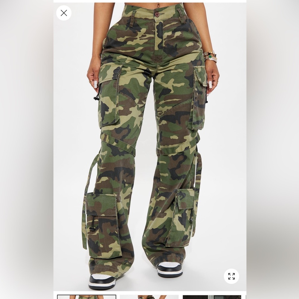 Fashion Nova Camo Wide-Leg Cargo Pants - Green Camouflage - Picture 3 of 5